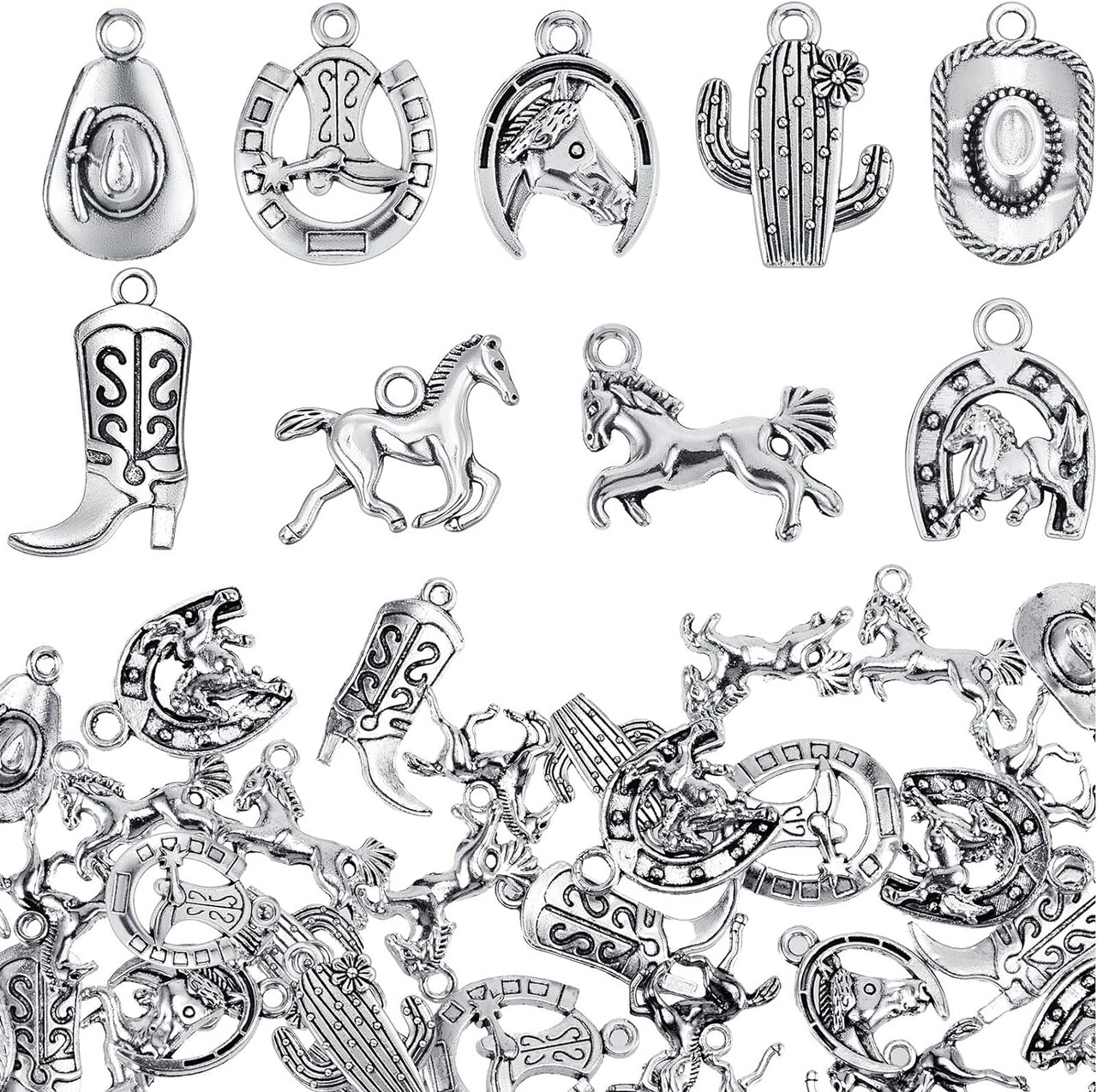 100 Pieces Western Cowboy Charms for Jewelry Making Alloy Antique Silver Cowboy Boot Hat Horse Cactus Charms Horse Western Pendant Cowboy Charms for Bracelet Necklace, 10 Styles